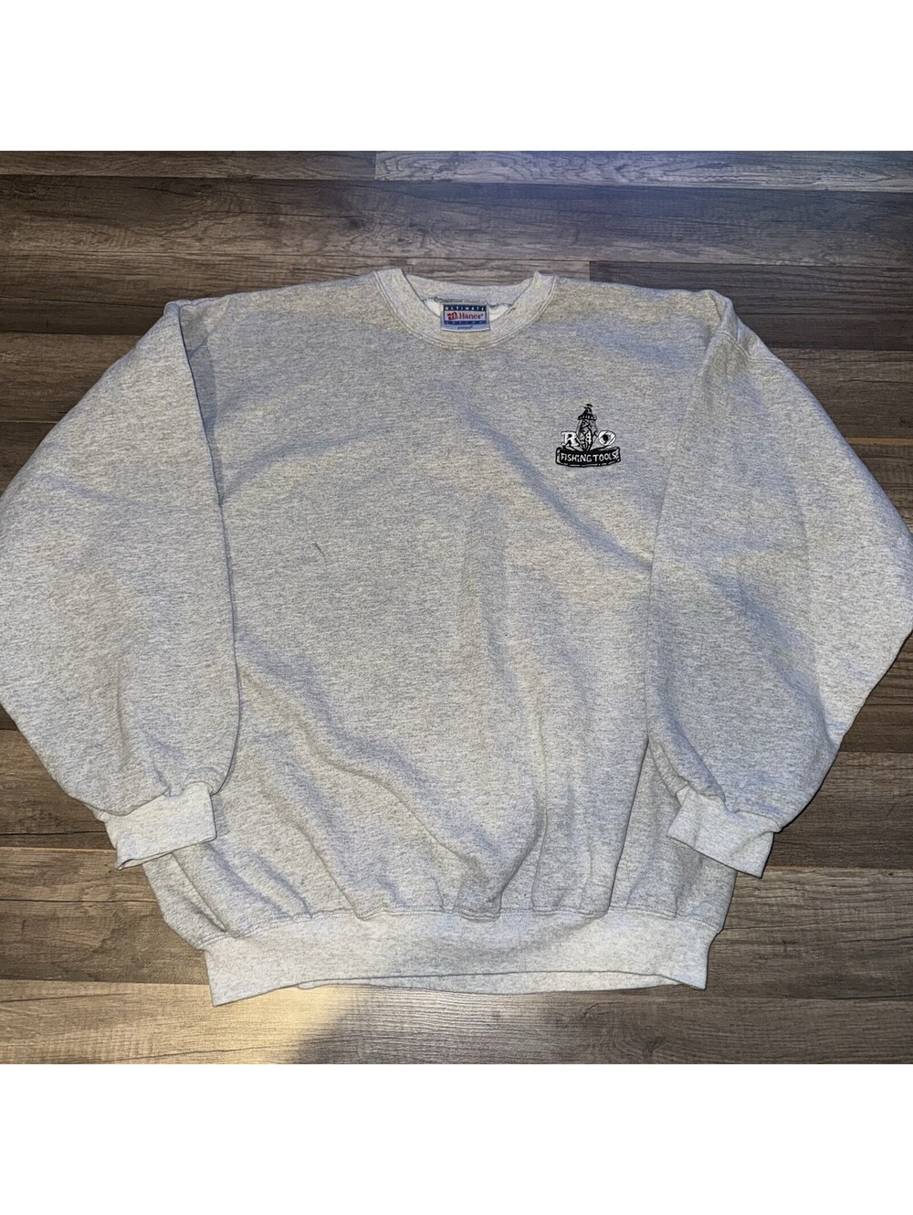 Vintage 90s Hanes Ultimate Cotton R&O Fishing Tools Crewneck Sweatshirt XL Gray